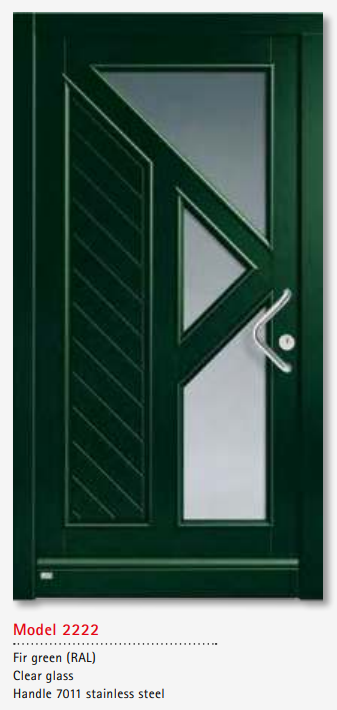 UNILUX Model 2222 Fir Green Door, Clear Glass, Stainless Handle, Security Lock, Modern Timber Entry Door